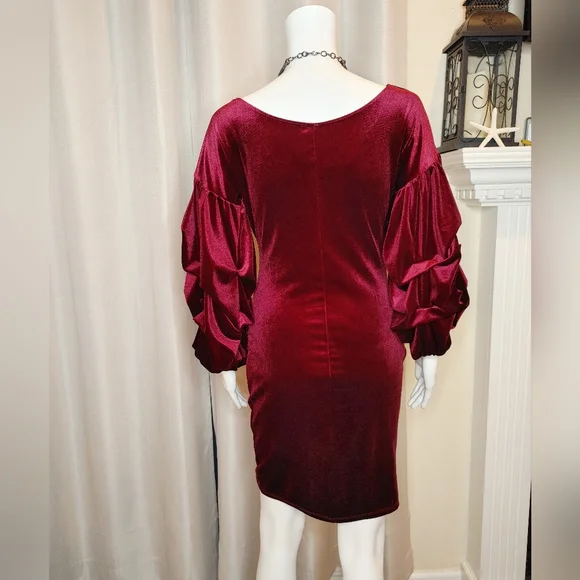 Velvet Ruched Draped Puff Exaggerated Sleeves Mini Dress, Burgundy L - Picture 7 of 10